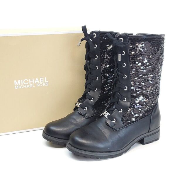 Women’s Michael Kors MARCELLA Black Lace Up Sequin Mid Calf Boots US 5 - Picture 2 of 13